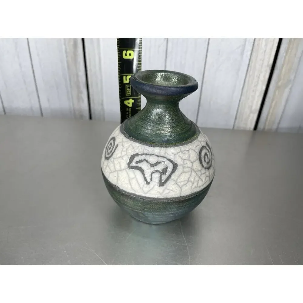 Vintage Raku Signed Pottery Vase Green Iridescent 5in Tall Animals Bears